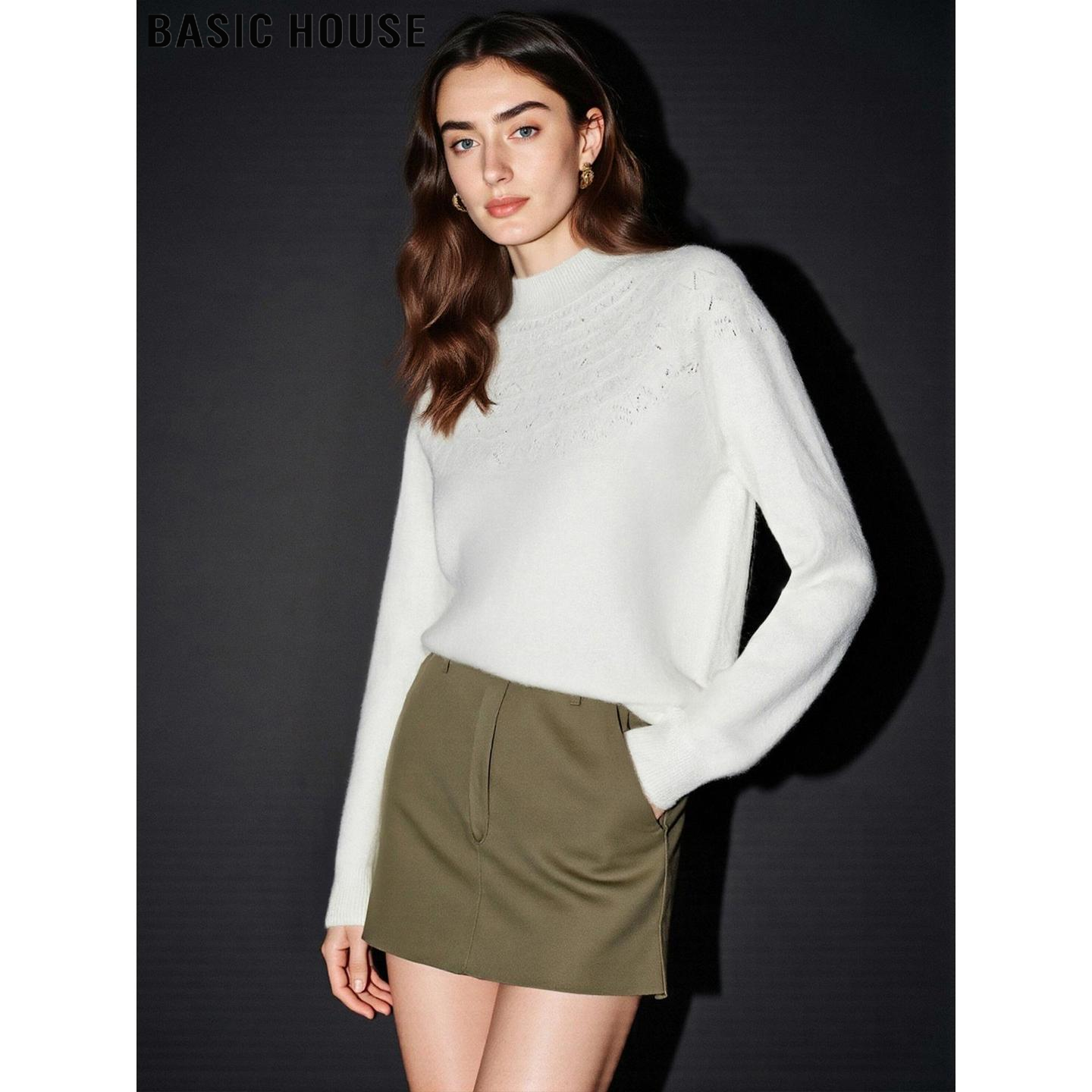 Basic House/百家好白色半高领羊毛针织衫女冬高级感内搭软糯毛衣,女装/女士精品,毛针织衫,淘宝优惠券,粉丝福利购,淘宝优惠卷