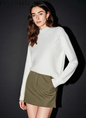Basic House/百家好白色半高领羊毛针织衫女冬高级感内搭软糯毛衣