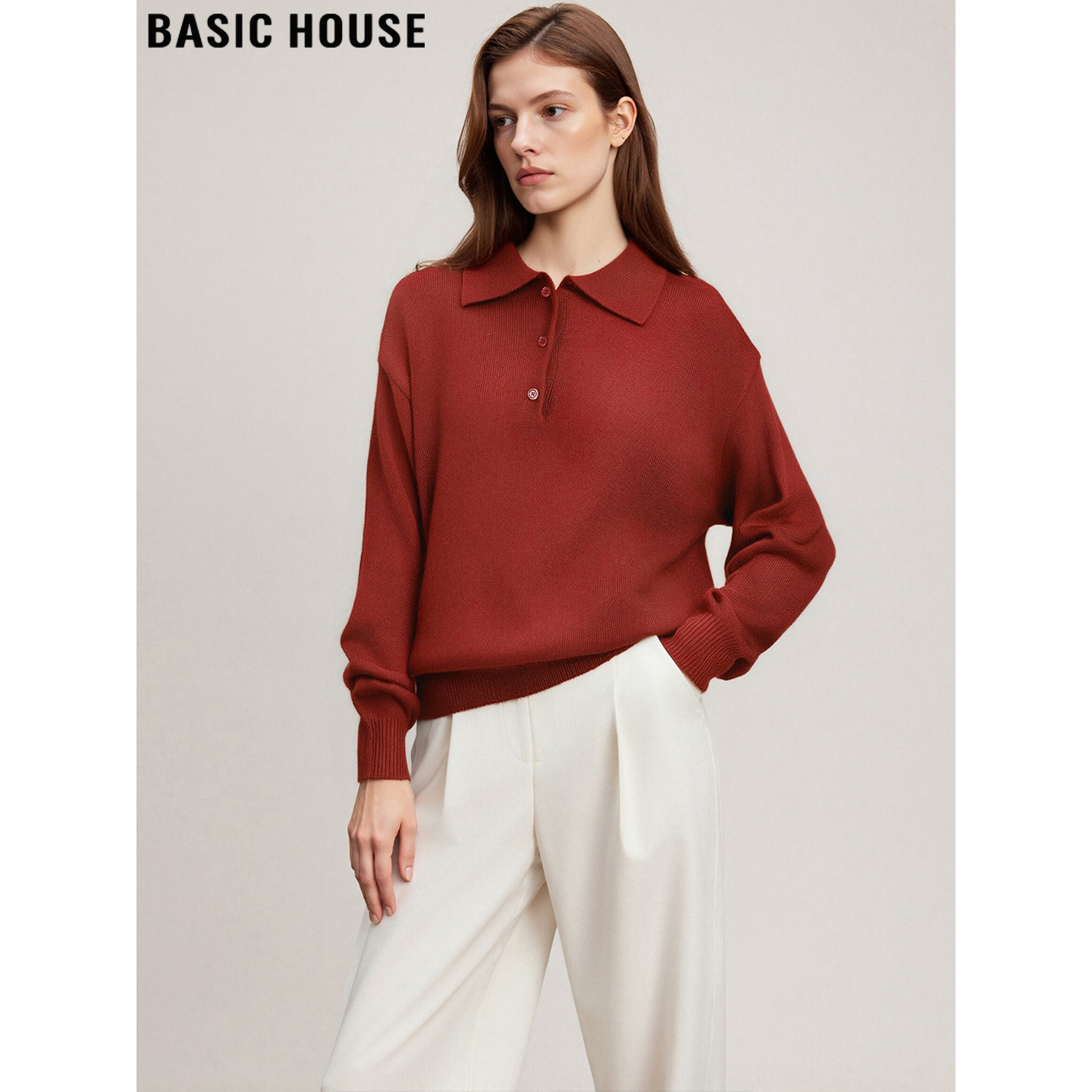 百家好酒红色翻领针织衫毛衣女