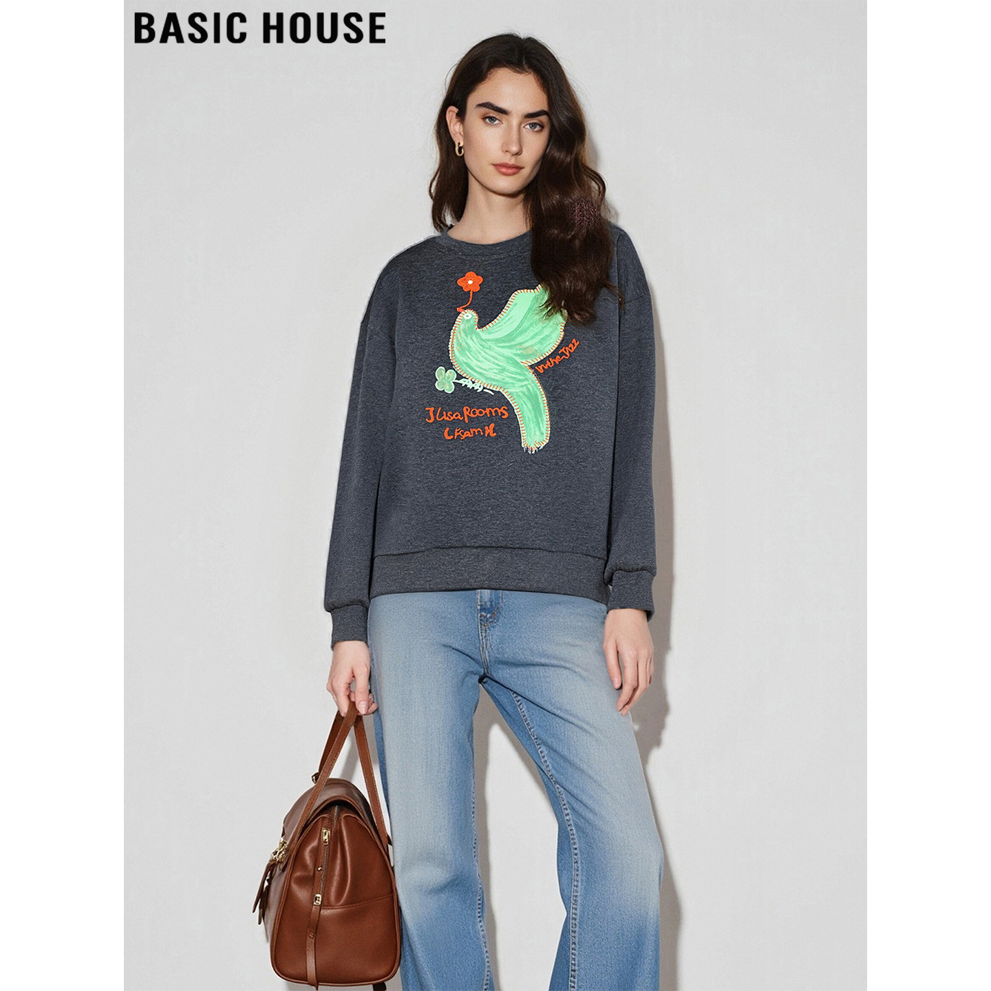 百家好和平鸽花朵印花宽松卫衣女