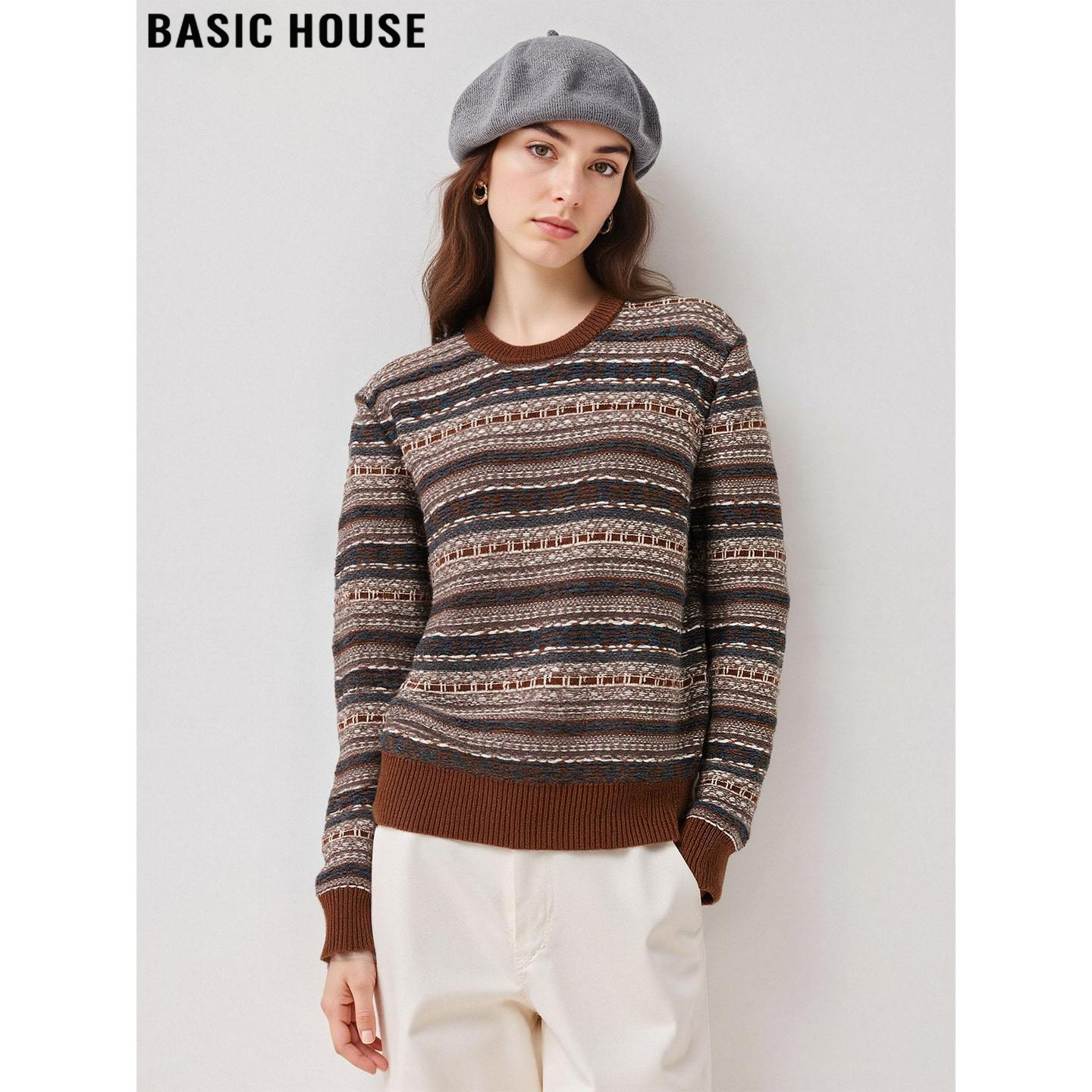 Basic House/百家好复古条纹羊毛针织衫女士2026春季新款软糯毛衣,女装/女士精品,毛针织衫,淘宝优惠券,粉丝福利购,淘宝优惠卷