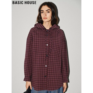 Basic House/百家好复古连帽格子衬衫外套女2026春季新款宽松上衣