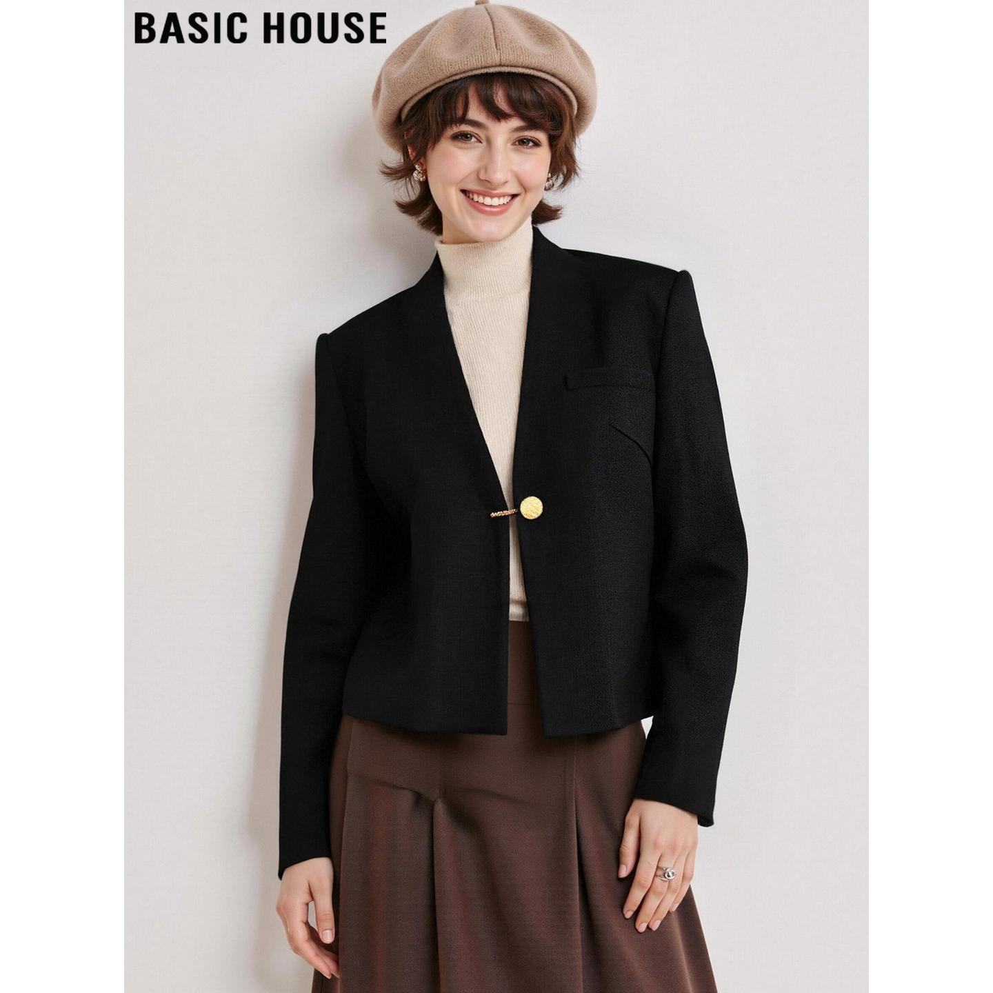 Basic House/百家好黑色v字领西装外套女春季法式高级感短款西服