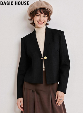 Basic House/百家好黑色v字领西装外套女士2026春季新款短款西服
