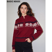 Basic 新年战袍软糯针织衫 House 百家好费尔岛提花红色毛衣女春季