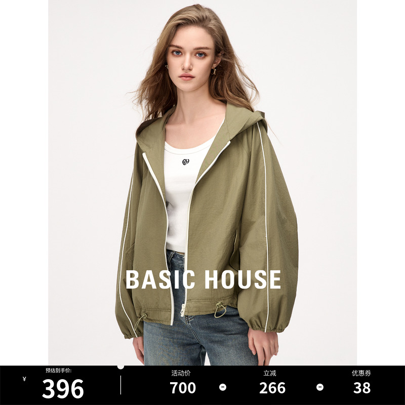 Basic House/百家好机能风夹克外套女2024春季新款蝙蝠袖连帽上衣