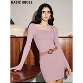 Basic 名媛收腰包臀裙 新款 House 百家好粉色方领连衣裙女2026春季