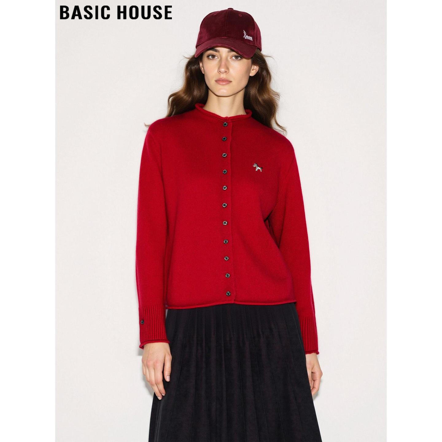 百家好高级红色100%羊毛针织开衫