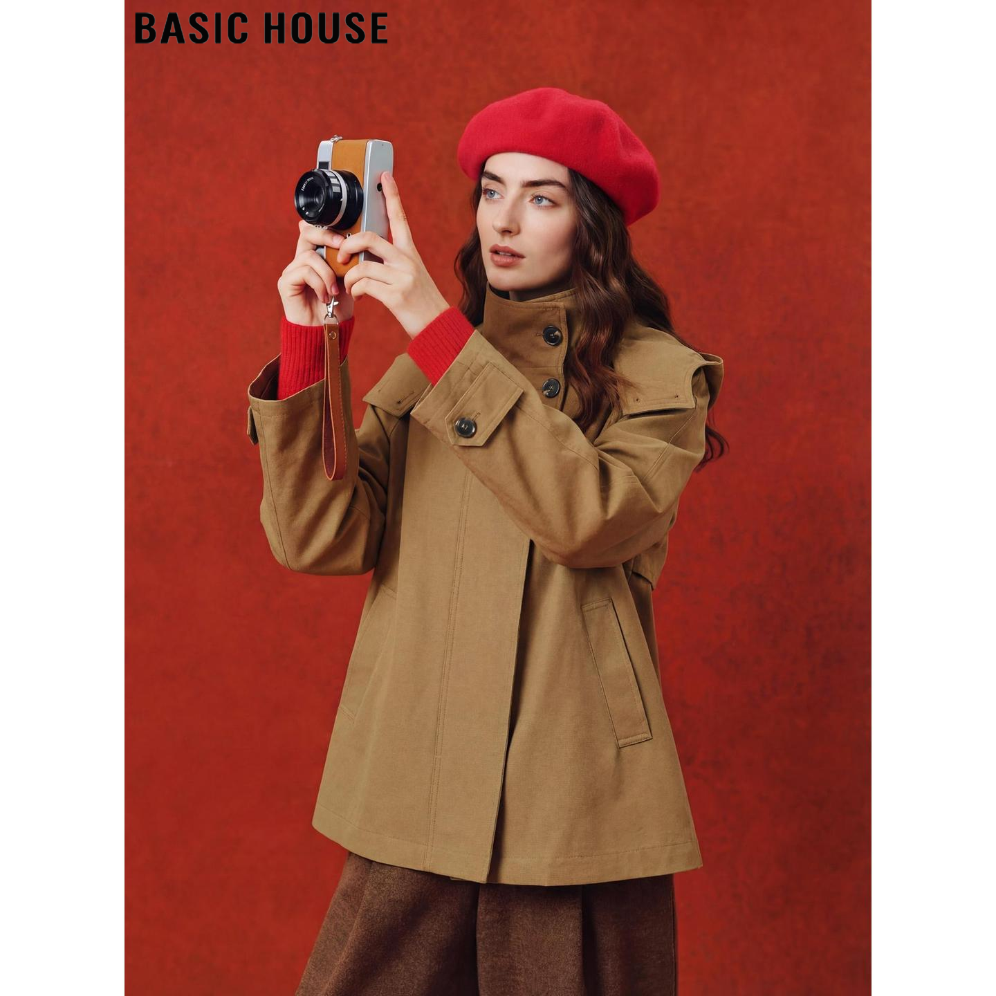 Basic House/百家好棕色廓形风衣外套女士2026春季新款老钱风斗篷