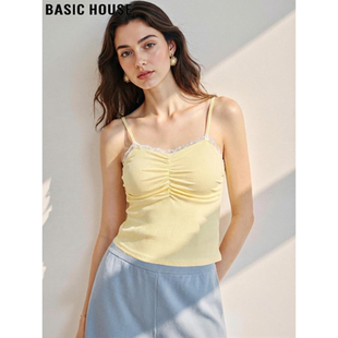 外穿褶皱蕾丝花边上衣 百家好带胸垫吊带背心女士夏季 Basic House