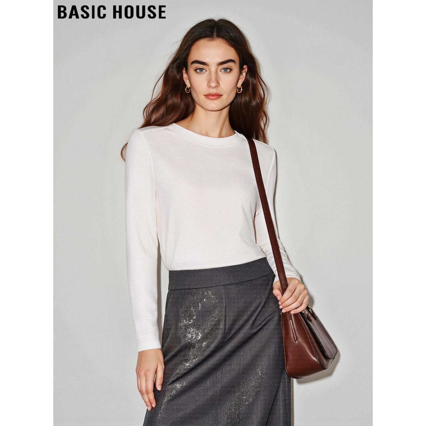 百家好白色圆领长袖T恤打底衫女