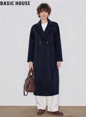 Basic House/百家好蓝色翻领羊毛呢外套女士冬季长款过膝加厚大衣
