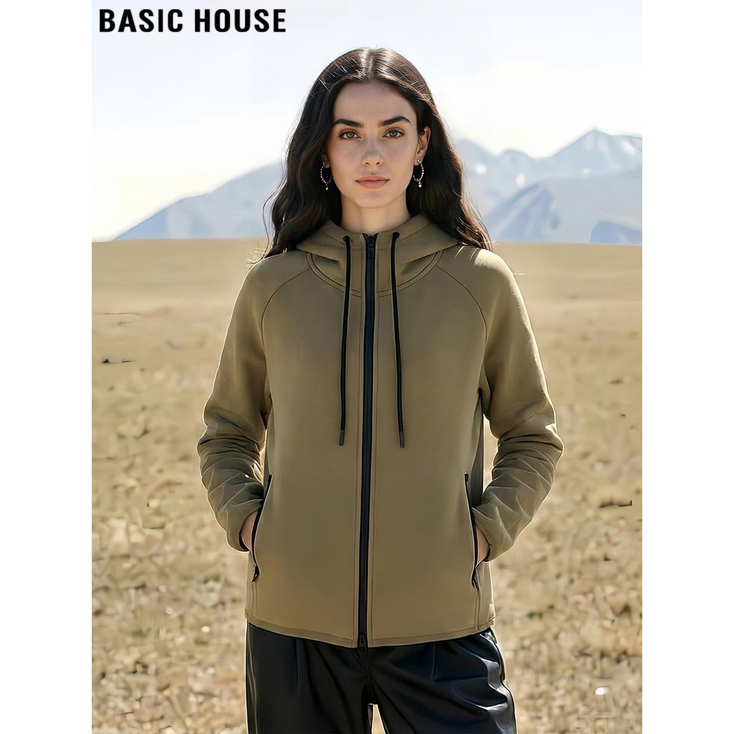 Basic House/百家好绿色连帽卫衣女2026春季新款宽松休闲运动外套