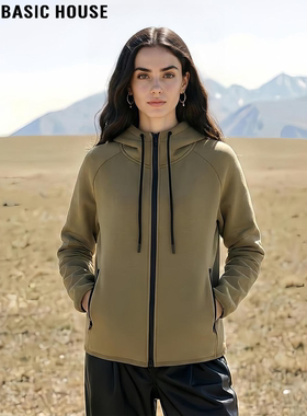Basic House/百家好绿色连帽卫衣女2026春季新款宽松休闲运动外套