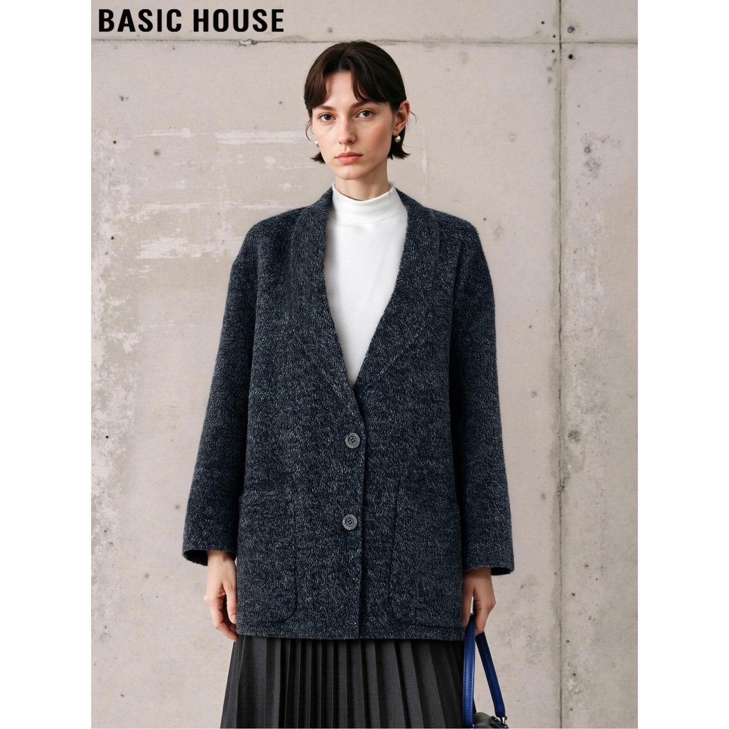 百家好灰色V领加厚羊毛毛呢外套