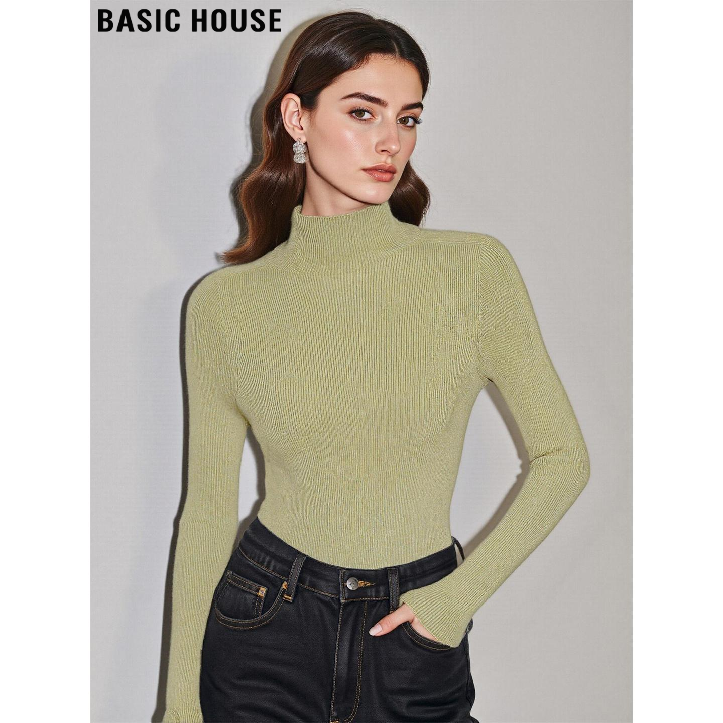 百家好抹茶绿半高领针织衫女