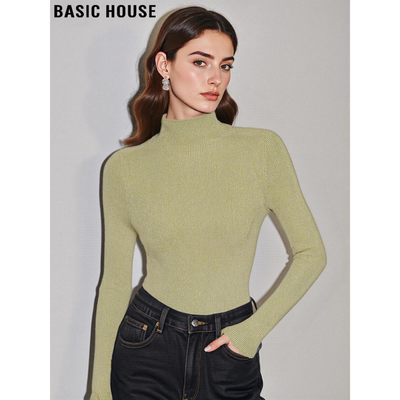 百家好抹茶绿半高领针织衫女
