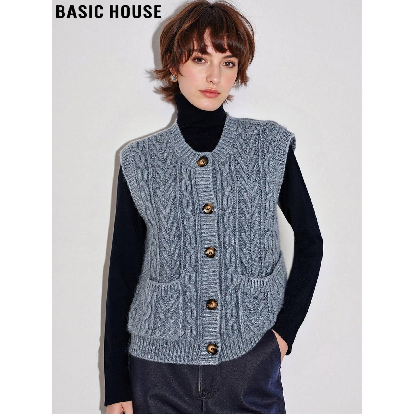 Basic House/百家好灰色圆领羊毛针织开衫女士冬季高级感加厚马夹