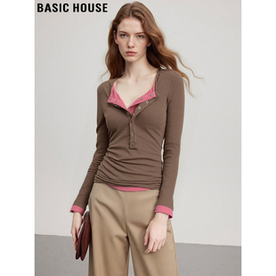 Basic House/百家好撞色半开领长袖T恤女冬季亨利领修身打底上衣