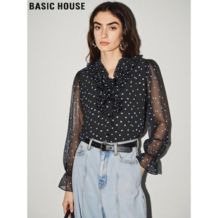 Basic House/百家好设计感波点荷叶边V领雪纺衬衫女2026春季新款