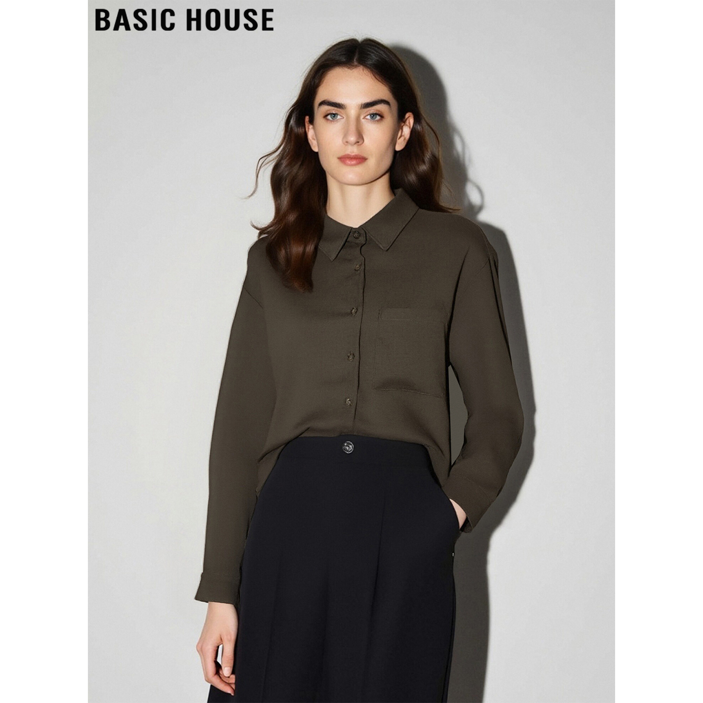 Basic House/百家好墨绿色长袖衬衫女2025秋冬加厚叠穿POLO领上衣