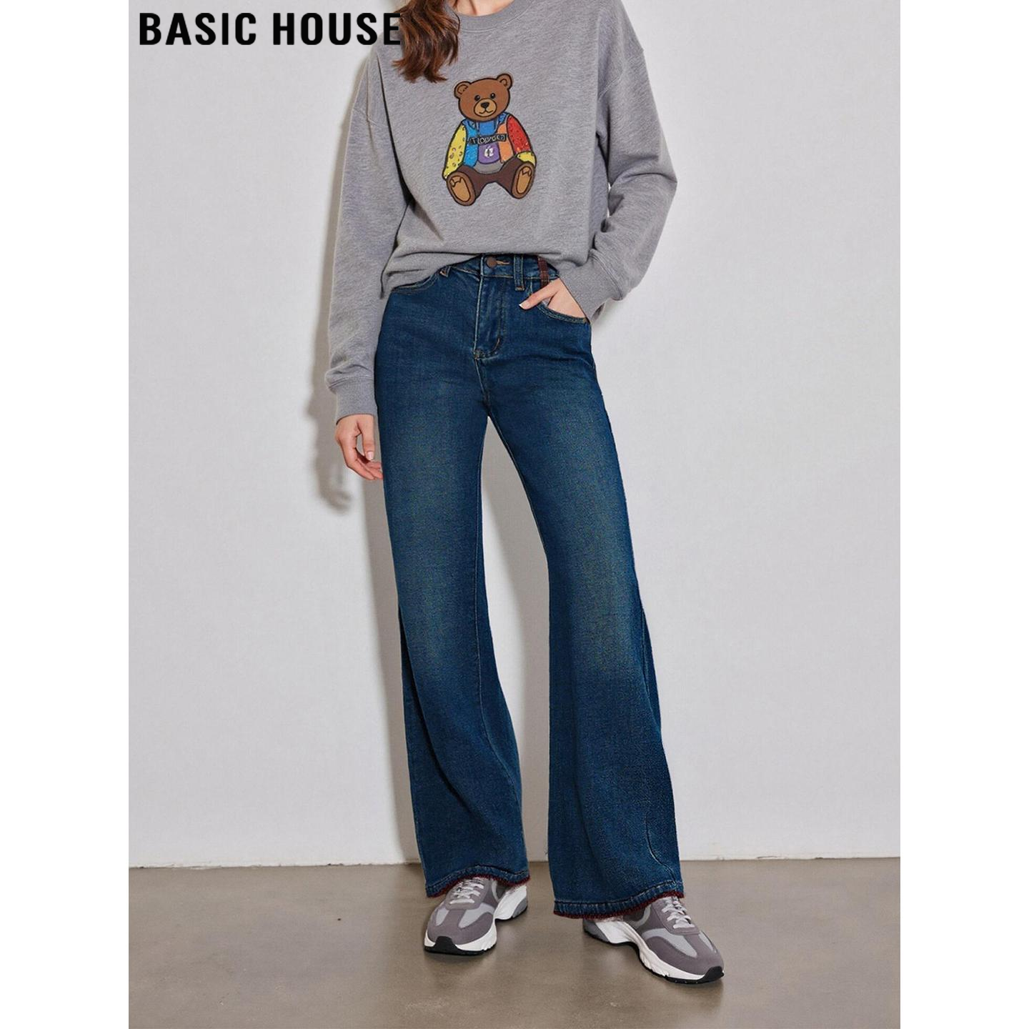 百家好复古蓝加绒直筒牛仔裤女