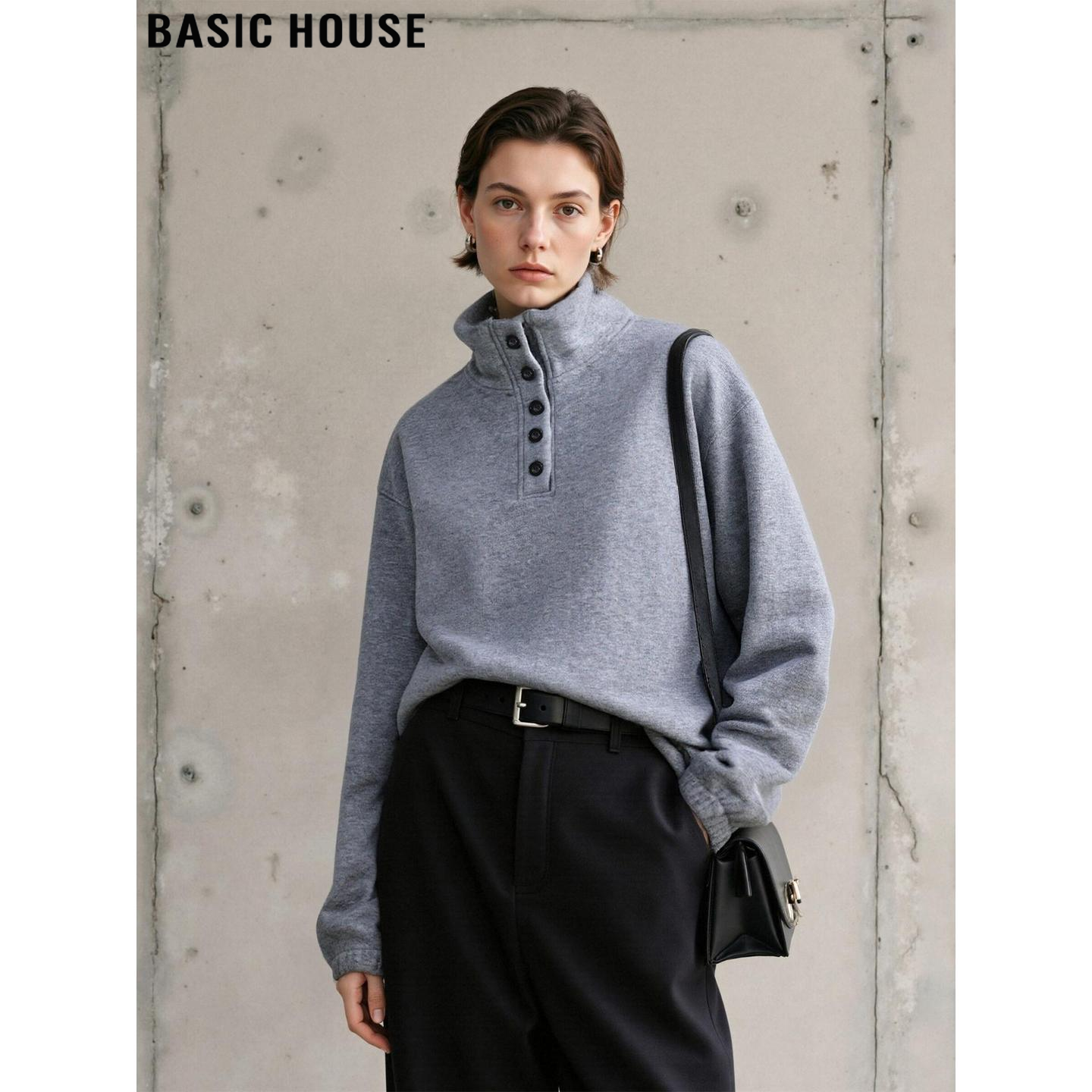 Basic House/百家好灰色高领半开扣加厚卫衣外套女冬季慵懒风上衣,女装/女士精品,卫衣/绒衫,淘宝优惠券,粉丝福利购,淘宝优惠卷