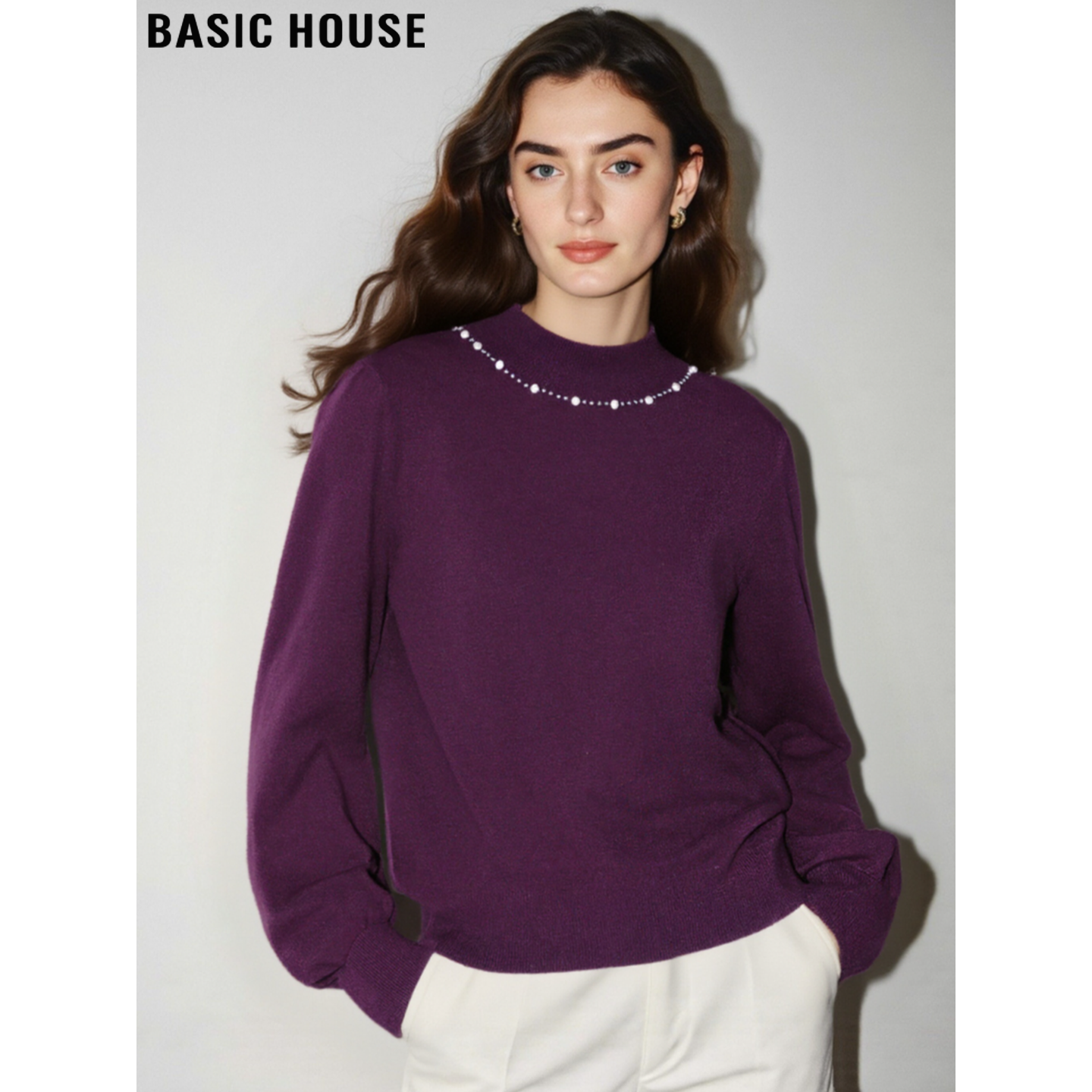 烫钻半高领针织衫软糯紫色毛衣女