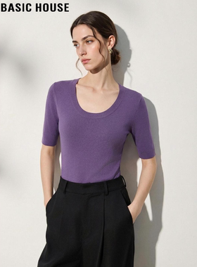 Basic House/百家好紫色圆领天丝针织短袖T恤女夏季修身冰丝上衣