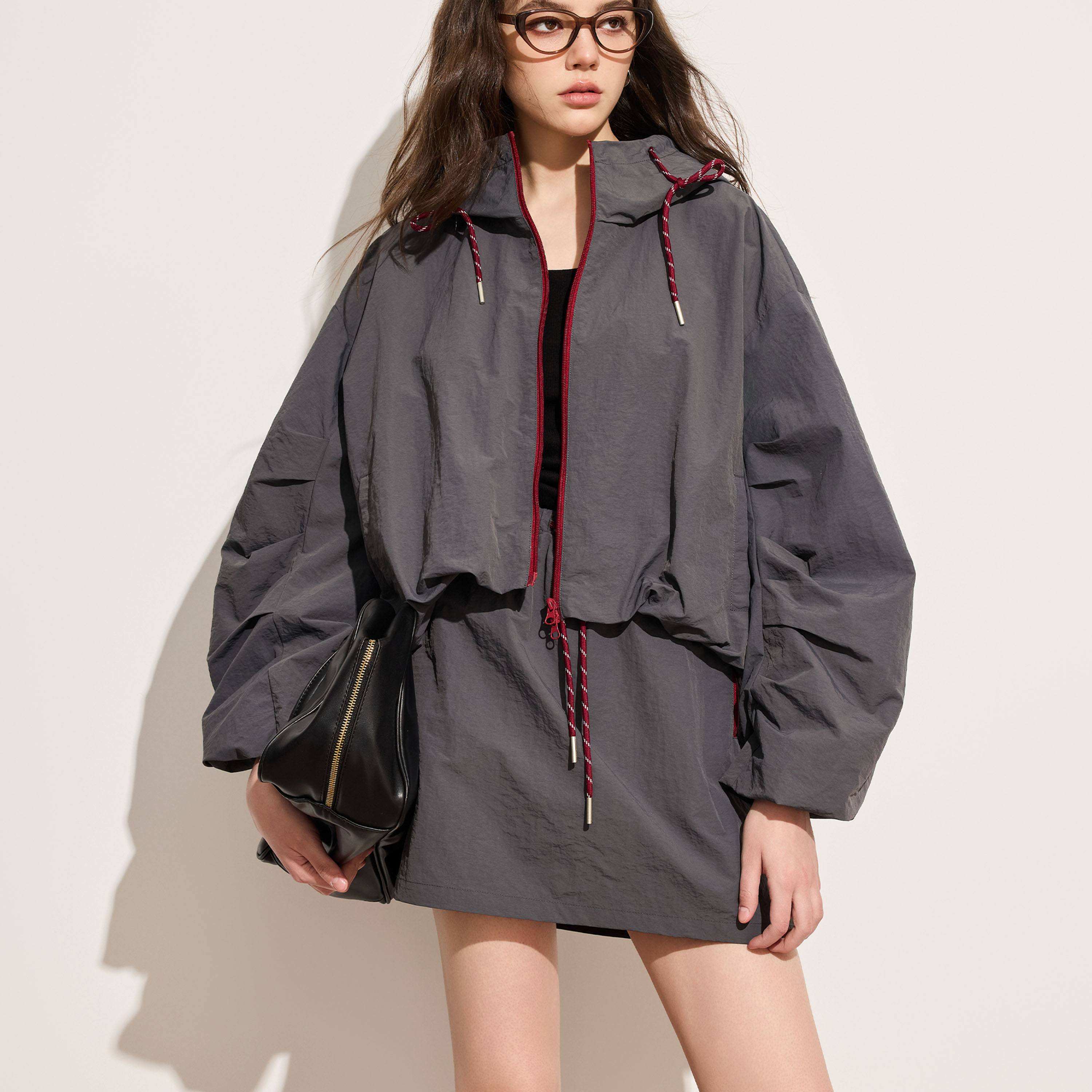 Basic House/百家好韩系抽绳连帽外套女2025秋冬休闲运动工装上衣