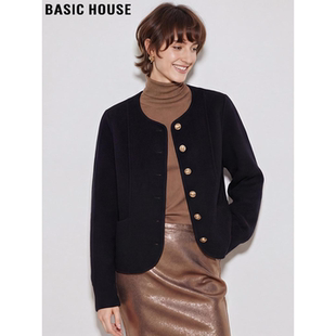Basic House/百家好黑色圆领毛呢外套女冬季小个子短款羊毛呢大衣