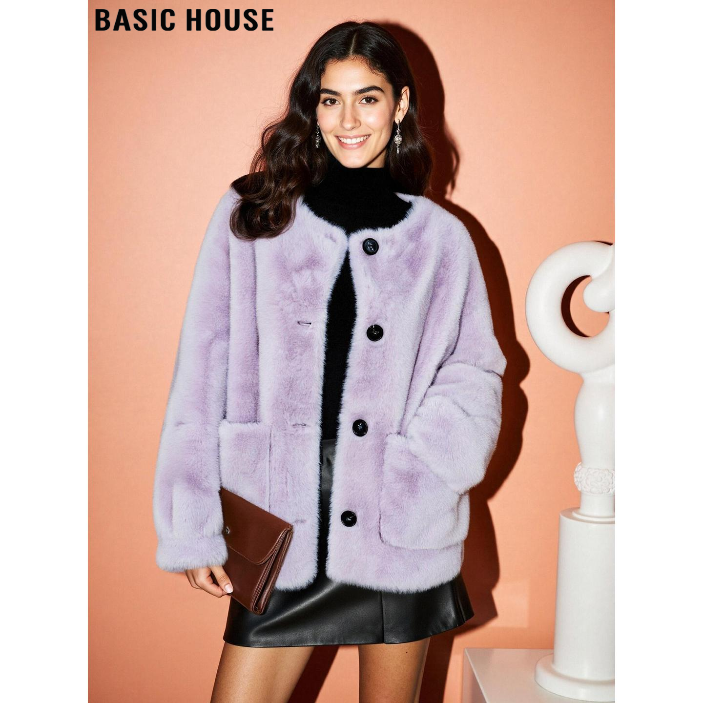 紫色圆领环保皮草柔软毛茸茸外套