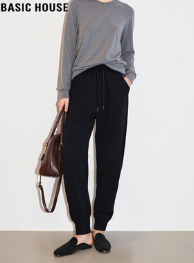 Basic House/百家好黑色束脚运动裤女士冬季加绒加厚高腰九分卫裤