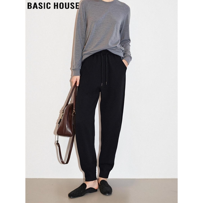 黑色束脚运动裤加绒高腰九分卫裤