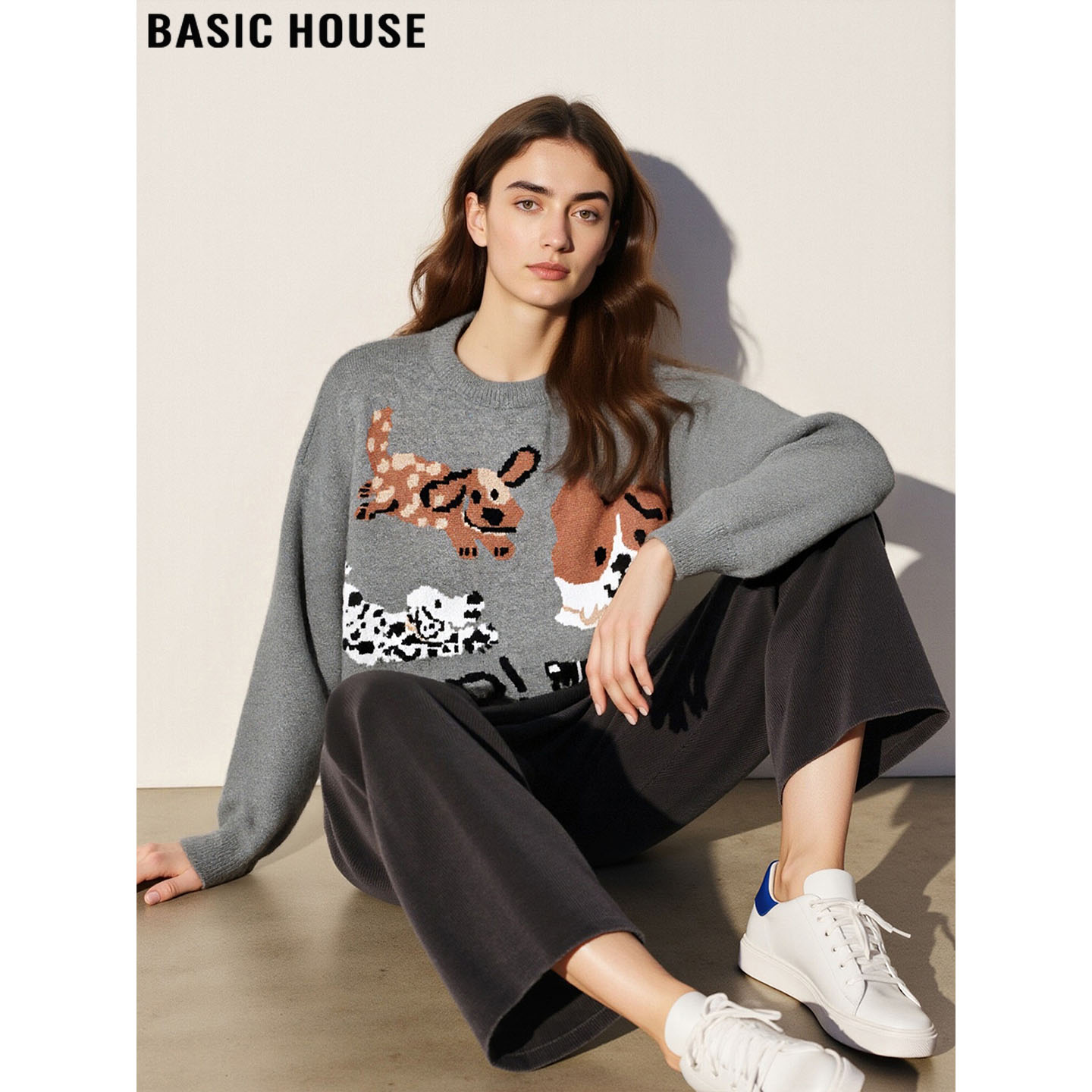 百家好动物图案童趣风灰色毛衣女