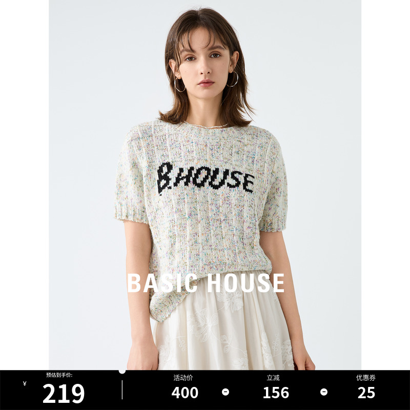 Basic House/百家好针织短袖T恤女2024春季新款撞色提花羊毛