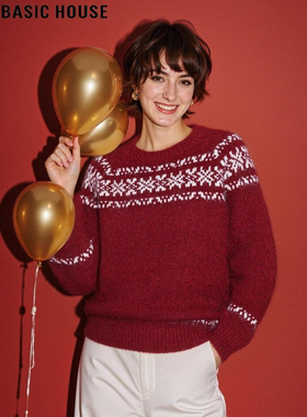 Basic House/百家好费尔岛红色圆领毛衣女冬季新年战袍软糯针织衫