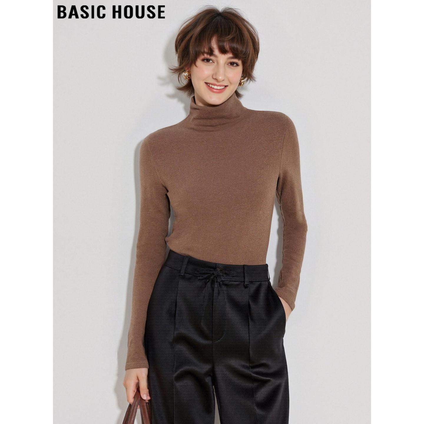 百家好驼色半高领德绒打底衫女