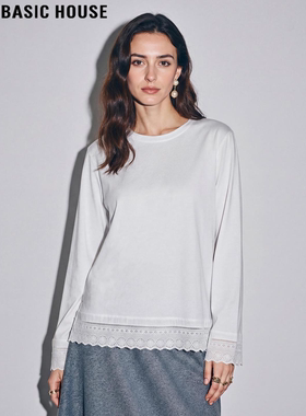 Basic House/百家好白色纯棉长袖T恤女2026春季新款蕾丝拼接上衣