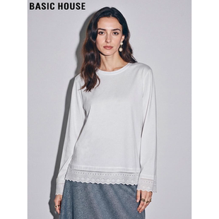 新款 Basic T恤女2026春季 百家好白色纯棉长袖 蕾丝拼接上衣 House