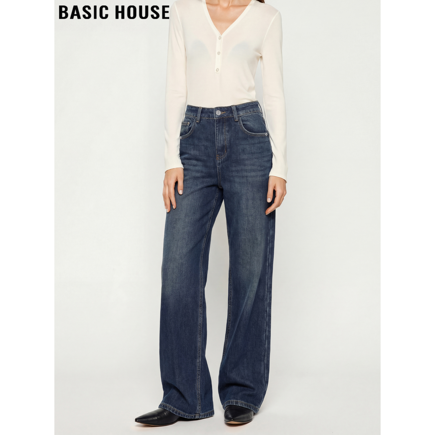 Basic House/百家好复古蓝色窄版直筒牛仔裤女2026春季新款阔腿裤