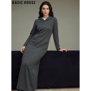Basic House/百家好灰色连帽连衣裙女冬季加绒加厚长款过膝卫衣裙