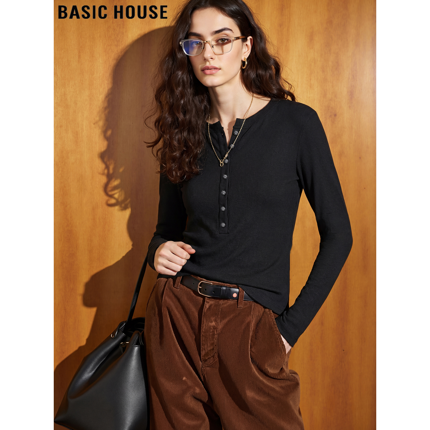 Basic House/百家好黑色亨利领T恤女士2026春季新款长袖内搭上衣,女装/女士精品,T恤,淘宝优惠券,粉丝福利购,淘宝优惠卷