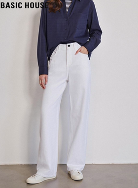 Basic House/百家好白色直筒牛仔裤女冬季加绒加厚高腰窄版阔腿裤