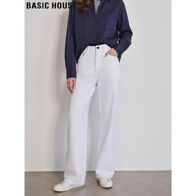 白色直筒牛仔裤加绒窄版阔腿裤女