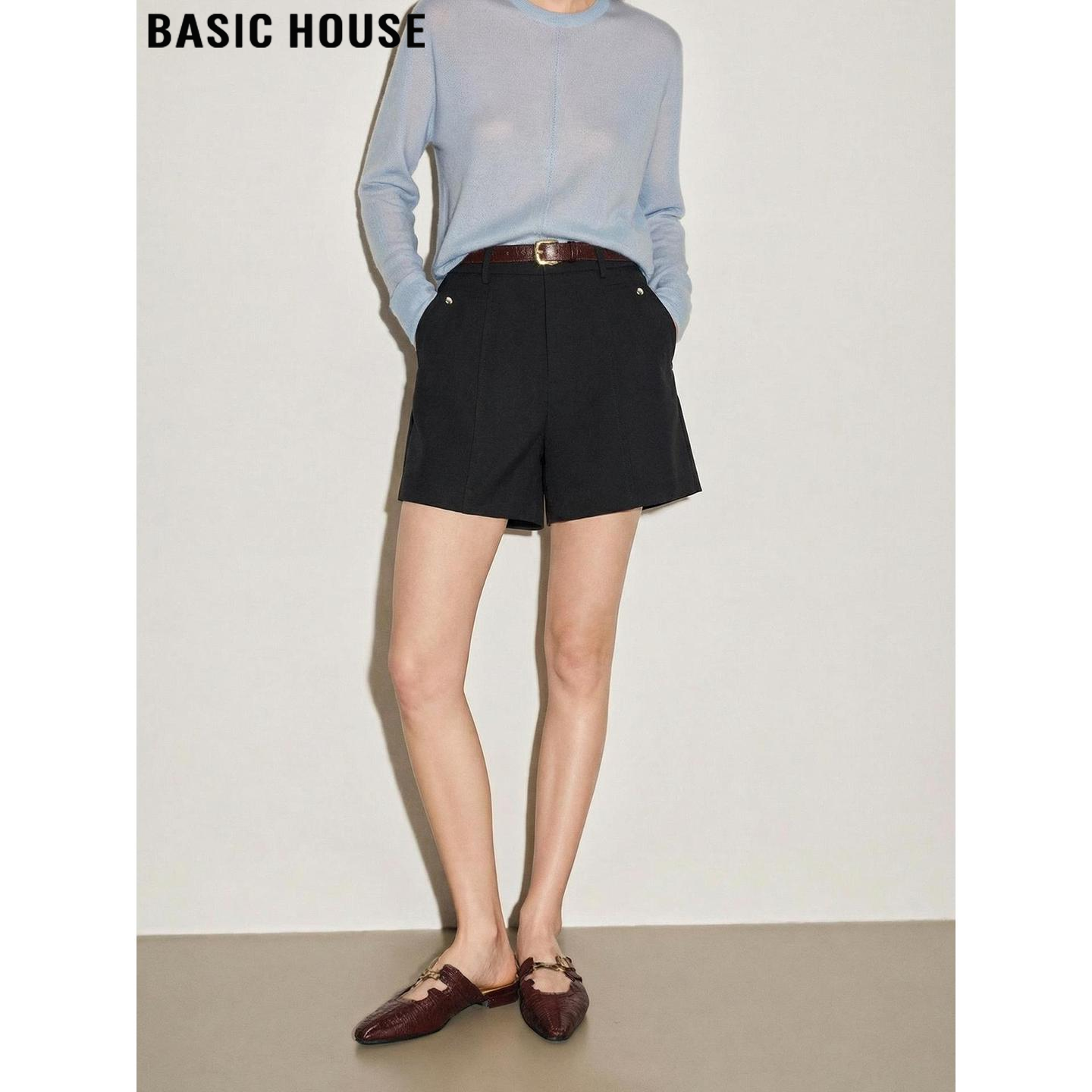 Basic House/百家好通勤风黑色西装短裤女夏季外穿高腰阔腿直筒裤