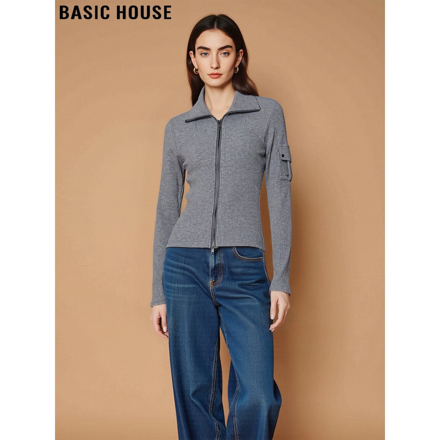 百家好灰色毛衣外套修身拉链开衫