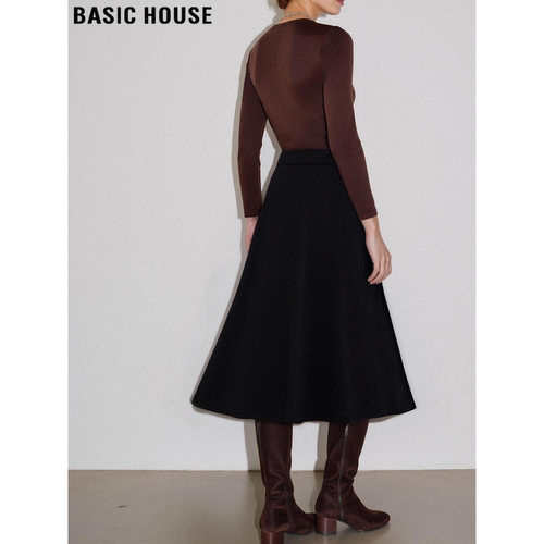 百家好黑色毛呢加厚半身裙女