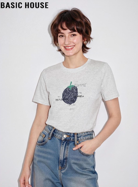 Basic House/百家好灰色印花短袖T恤女2026夏季新款减龄通勤上衣