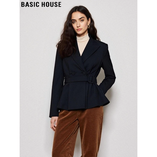 Basic House/百家好黑色西装外套女2026春季新款系带收腰短款西服